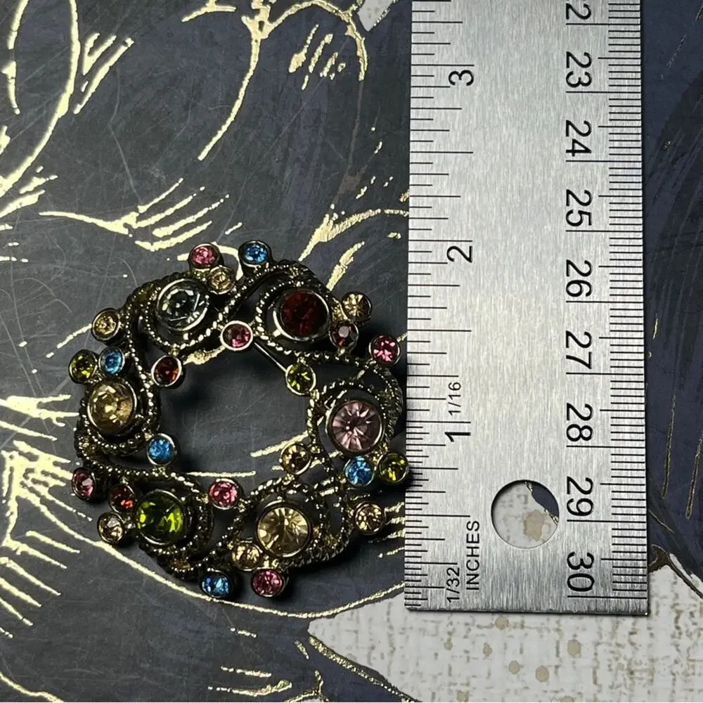 Estate Vintage Large Gold Brooch with Scrollwork and Multicolor Gemstones D1